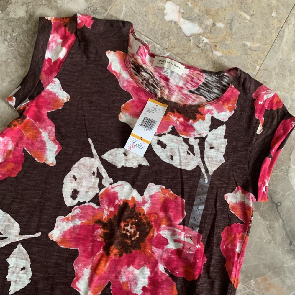 Jones NY Top Woman Small Floral Top Cotton Round Neck Cap Sleeves Multicolor NWT